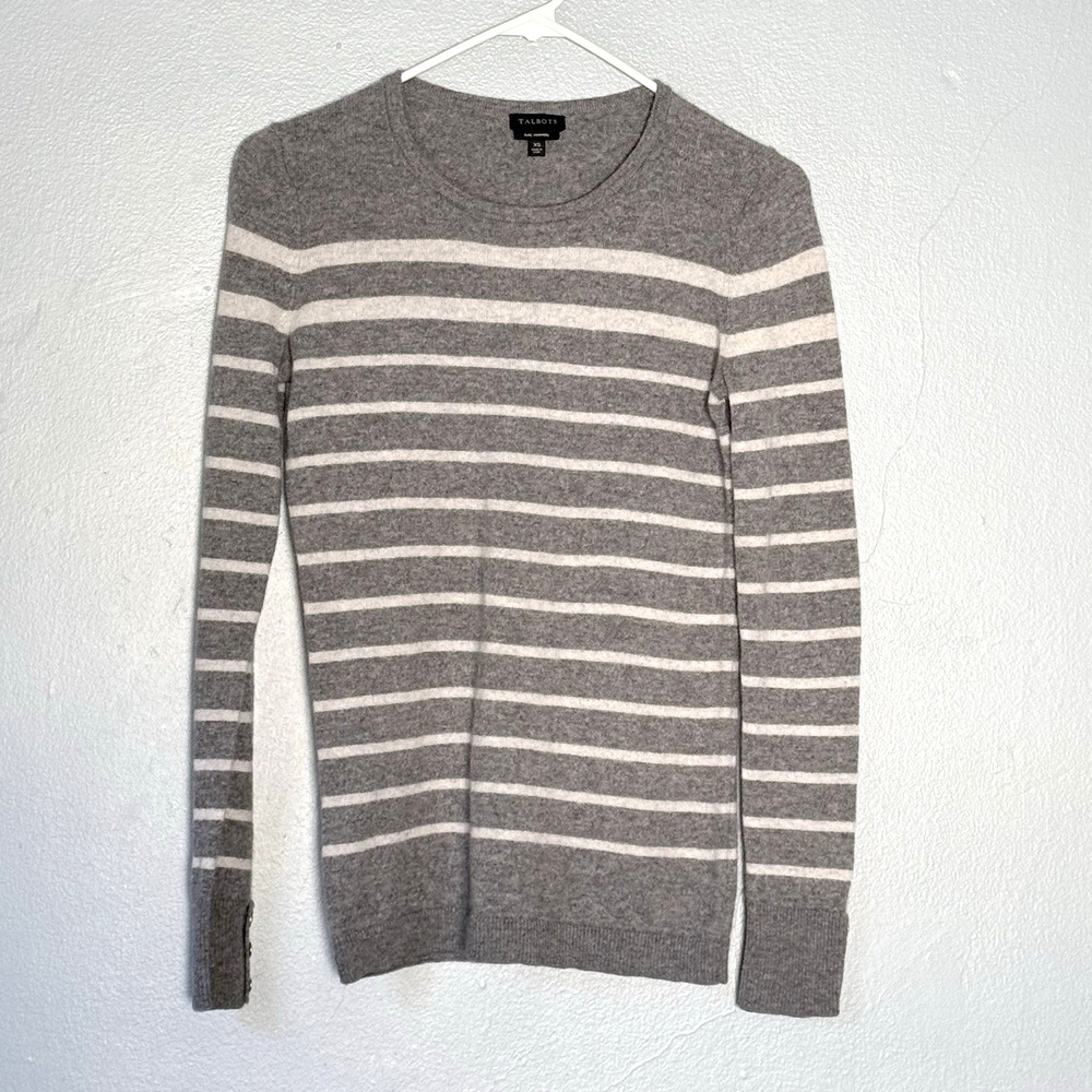 Talbots Cashmere Sweater Womens Size XS Grey Cream Striped Classic Capsule